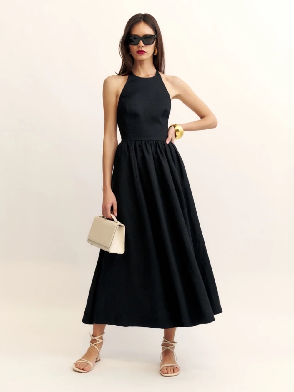 Reformation 4 Percy Black Linen Midi Dress Open Back Halter